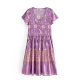 Boho Mini Dress – “Orchid Mosaic” Floral V-Neck Short Sleeve Mini Dress