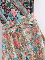 Boho Mini Dress – “Golden Folk” Vintage Floral Wrap Dress Sundress in Pink & Black