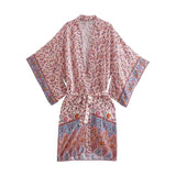 Boho Kimono Cover-Up – “Ocean Temple” Floral Print Maxi Robe in Turquoise Blue & Pink