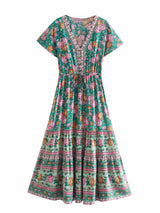 Boho Summer Dress – “Rosevine Dream” Button Front Maxi Sundress in Green & Pink