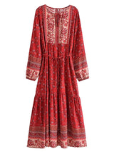 Boho Maxi Dress – “Desert Mosaic” Long Sleeve Printed Gown in Red & Dusty