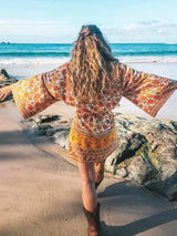 Boho Kimono Robe – “Saffron Sun” Yellow Floral Short Cover-Up for Beach & Lounge