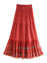 Boho Maxi Skirt – “Olive Meadow” Hippie Style Skirt in Beige & Red for Women, Summer, and Festivals