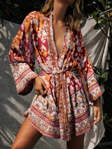 Bohemian Kimono Robe – “Gabriella” Currant Red Short Cover-Up for Beach or Lounge