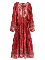 Boho Maxi Dress – “Desert Mosaic” Long Sleeve Printed Gown in Dusty & Red