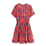 Boho Summer Dress – Soleil Short Sleeve Mini Dress with Bird and Floral Print (Red & Purple)