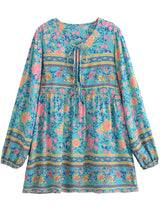 Boho Mini Dress – “Blue Bloom” Flowy Floral Tunic Sundress for Women