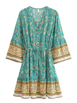 Boho Mini Dress – Green Floral Button-Down Sundress Maeve