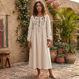 Bohemian Maxi Gown – “Meadow Stitch” Floral Embroidered Long Sleeve Dress