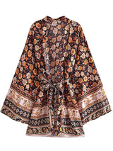 Boho Kimono Robe – “Saffron Sun” Yellow Floral Short Cover-Up for Beach & Lounge