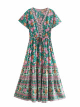 Boho Summer Dress – “Rosevine Dream” Button Front Maxi Sundress in Green & Pink
