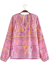 Boho Top for Women – Bohemian Blouse - Freya Pink & Blue Floral Long Sleeve Top