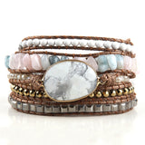 Boho Bracelet - RH 5-Layer Leather Wrap with Oval Violet Natural Stones