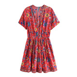 Boho Summer Dress – Soleil Short Sleeve Mini Dress with Bird and Floral Print (Red & Purple)