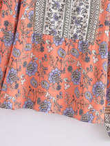 Boho Top for Women – Bohemian Blouse - “Terracotta Folk” Vintage Floral Printed Shirt in Green & Pink