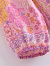 Boho Top for Women – Bohemian Blouse - Freya Pink & Blue Floral Long Sleeve Top