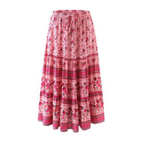 Boho Maxi Skirt – “Midnight Peony” Floral Print Skirt in Navy & Rose Stripe