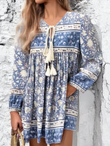 Boho Mini Dress – “Wild Flower Blue Sky” Flowy Tunic Dress for Women
