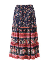 Boho Maxi Skirt – “Midnight Peony” Floral Print Skirt in Navy & Rose Stripe