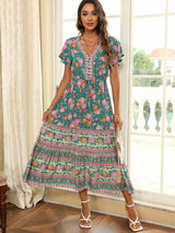 Boho Summer Dress – “Rosevine Dream” Button Front Maxi Sundress in Green & Pink