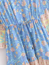 Boho Mini Dress – Blue Floral Tunic Sundress with Bell Sleeves Elowen