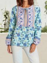 Boho Top for Women – Bohemian Blouse - “Terracotta Folk” Vintage Floral Printed Shirt in Green & Pink
