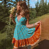 Boho Mini Dress – Luna Floral Tie-Strap Summer Dress for Women (Green, Red, Blue)