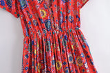 Boho Summer Dress – Soleil Short Sleeve Mini Dress with Bird and Floral Print (Red & Purple)