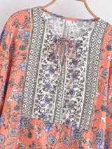 Boho Top for Women – Bohemian Blouse - “Terracotta Folk” Vintage Floral Printed Shirt in Green & Pink