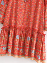 Boho Mini Dress – “Crimson Meadow” Red Floral Tunic Dres in Red & Black