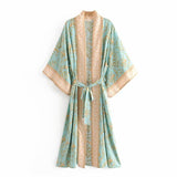 Boho Robe, Kimono Robe, Beach Cover up, Grass Green Flower