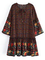 Boho Mini Dress – “Crimson Meadow” Red Floral Tunic Dres in Red & Black
