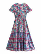 Boho Summer Dress – “Rosevine Dream” Button Front Maxi Sundress in Green & Pink