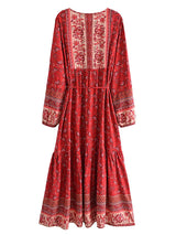 Boho Maxi Dress – “Desert Mosaic” Long Sleeve Printed Gown in Dusty & Red