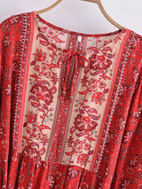 Boho Maxi Dress – “Desert Mosaic” Long Sleeve Printed Gown in Red & Dusty