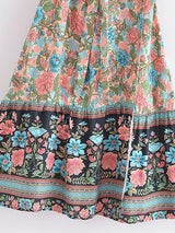 Boho Mini Dress – “Golden Folk” Vintage Floral Wrap Dress Sundress in Pink & Black