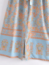 Boho Kimono Robe – “Blue Mirage” Lightweight Robe in Sky Blue & Gold for Lounge or Beach