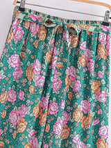 Boho Wide Leg Pants – Meadow Green Floral Print Lounge Pants for Women