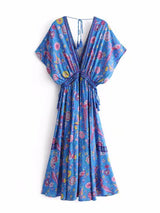 Bohemian Maxi Dress – “Mirage” Flowing Festival Gown Boho Beach Dress in Blue and Red