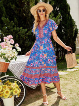 Boho Summer Dress – “Ocean Bloom” Flowy V-Neck Sundress in Teal & Green Floral Print