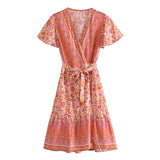 Boho Mini Dress – Summer Dress – “Sunset Garden” Short Sleeve V-Neck Floral Wrap Sundress in Black, Blue & Pink