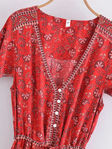 Bohemian Mini Dress – “Rosy Caravan” Flowy Red Floral Dress Summer Sundress in Red & Sand