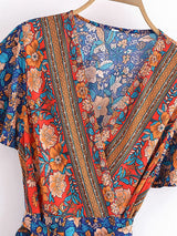 Boho Mini Dress – “Golden Folk” Vintage Floral Wrap Dress Sundress in Pink & Black