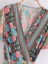 Boho Mini Dress – “Golden Folk” Vintage Floral Wrap Dress Sundress in Pink & Black