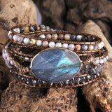 Boho Bracelet - RH 5-Layer Leather Wrap with Oval Nyx Natural Stones
