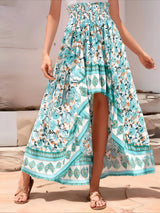 Boho High-Low Skirt – Indira Smocked Waist Floral Maxi Skirt in Green and Navy
