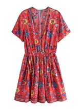 Boho Mini Dress – “Fiesta Bloom” Red Folk Print Sundress for Women