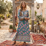 Bohemian Maxi Gown – “Emerald Wildflower” Green Floral Long Sleeve Tie-Neck Dress