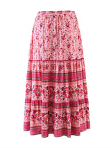Boho Maxi Skirt – “Midnight Peony” Floral Print Skirt in Navy & Rose Stripe