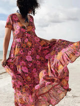 Boho Maxi Dress – “Wild Sunset” Button-Front Floral Sundress in Red